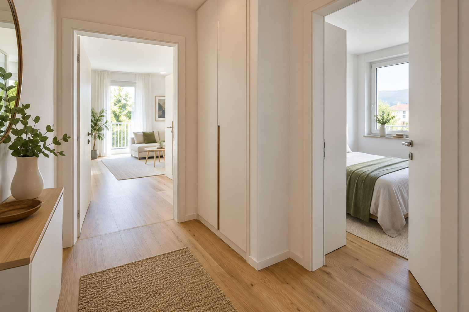 Heller Wohnungsflur mit Blick in mehrere Räume